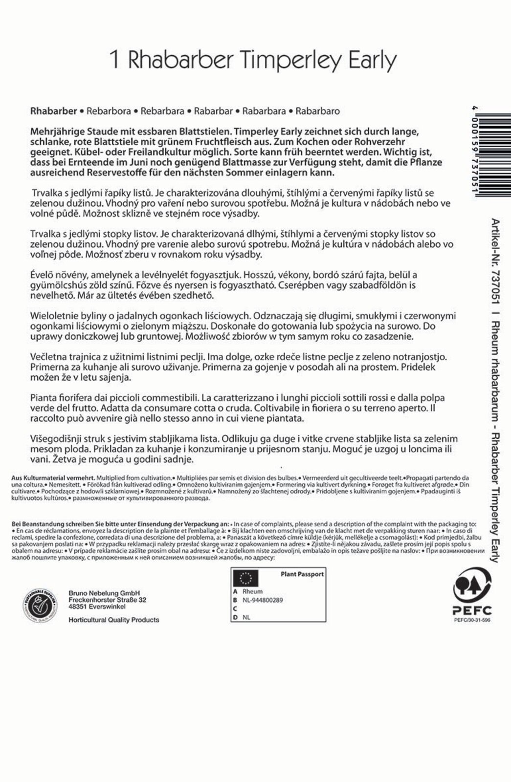 Rebarbara Timperley Early Kiepenkerl 1 db tő