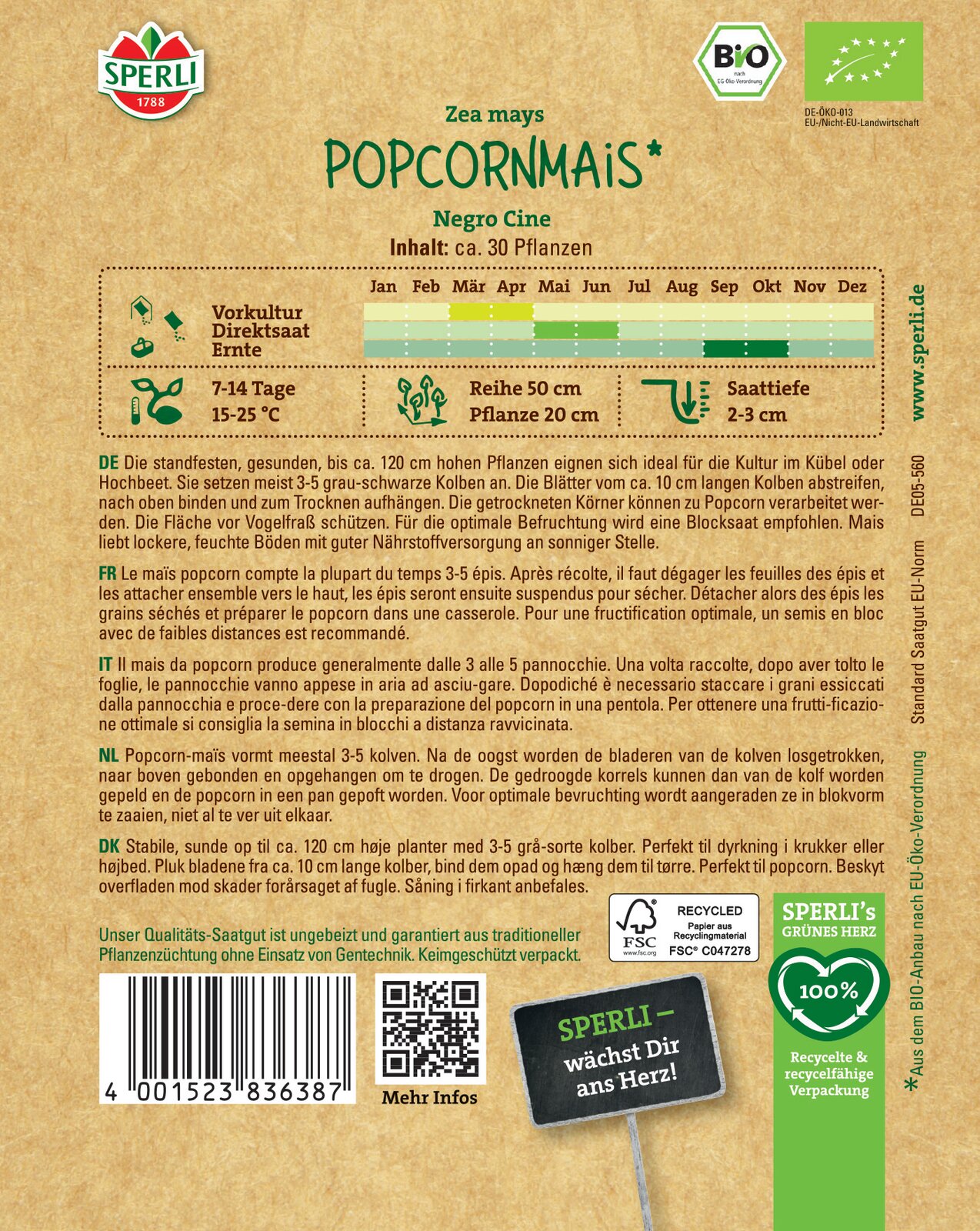 Organic popcorn Negro Cine Sperli approx. 30 kernels