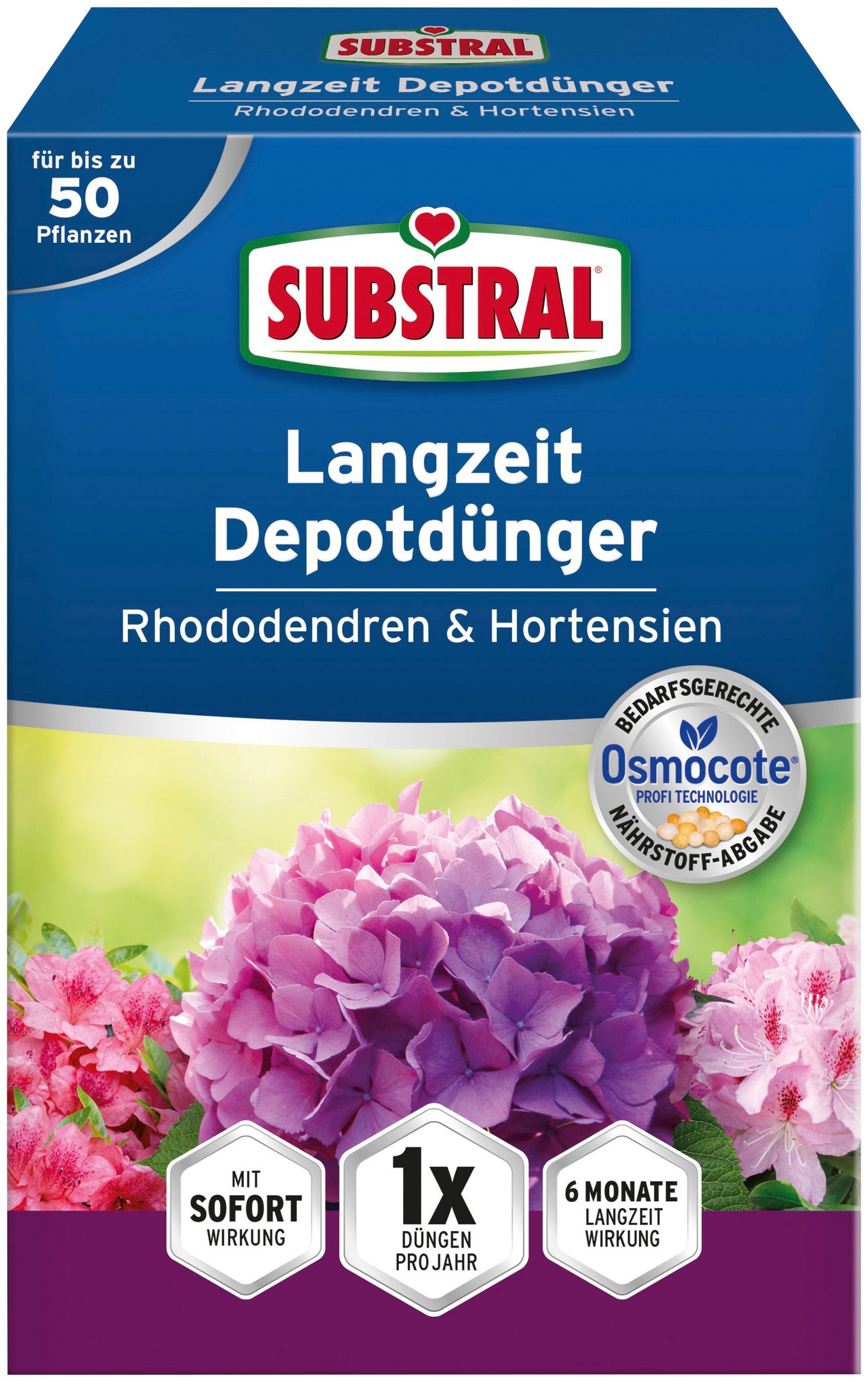 Substral Osmocote hosszú hatástartamú trágya rododendron, hortenzia, erikafélék számára 0,75 kg