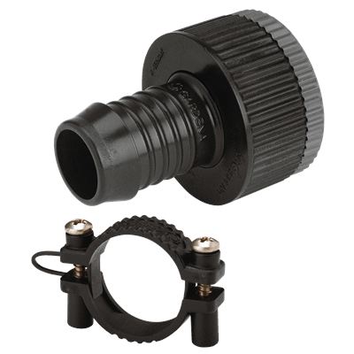 Tap connector with 1" female thread, adapter, clamp