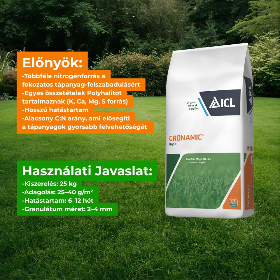 ICL Gronamic Sport High K gyeptrágya 7-0-20+2MgO+0,5Fe 25 kg